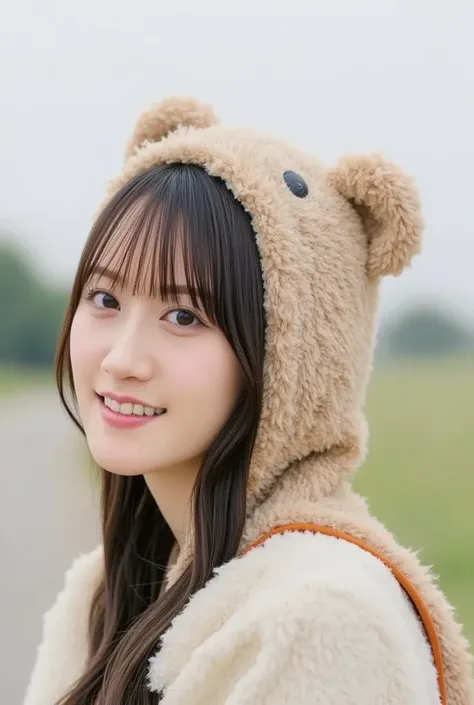  Super Fine、 up of her face 、 and she has a smile showing her teeth, I'm wearing a bear hoodie,The background is the plains、   high image quality、細部にわたって  high image quality,I'm wearing a 