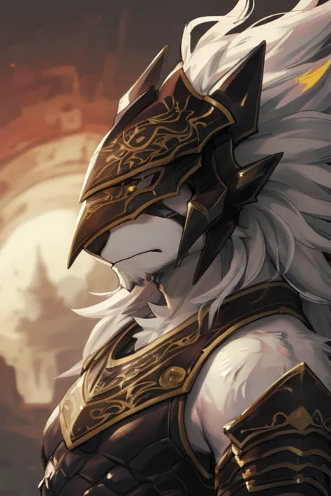 by k0bit0wani,by kiyosan,by milkytiger1145,by jrjresq,male,canine,solo,anthro,wolf furry,(flowing white hair),white body,white fur,frown,maliketh (elden ring),helmet,(((masterpiece))),((armor, intricate armor, black armor with gold accents, full body armor...