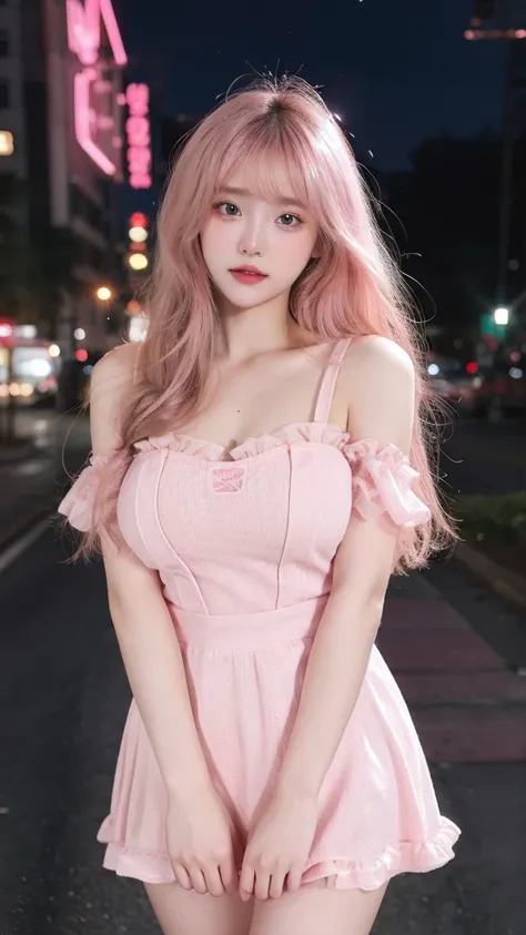 1 Girl, Beautiful, Baby Face, 20 Years Old, White Skin, Colossal Breasts, Sexy Pose, Sexy Look, Sexy Makeup, Pink Colour Pinafore Dress, Pink Fishnet Stocking, ((Pink Coloured)), ((Bright Retina)), Muscles, Bokeh, Empty Land, Masterpiece, ((Night))