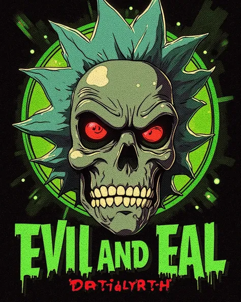 GENERATE A LOGO FOR AN URBAN T-SHIRT BRAND THAT IS MORE COLORFUL WITH AN IMAGE OF A T-Rek SKULL STYLISH LIKE THE SIMPSONS CHARACTER　rapper　A little bit of evil　homely　ha　accessories ALLUSION OF A CARICATURE OF RICK AND MORTY THAT HAS THE COLOR GREEN AND TH...