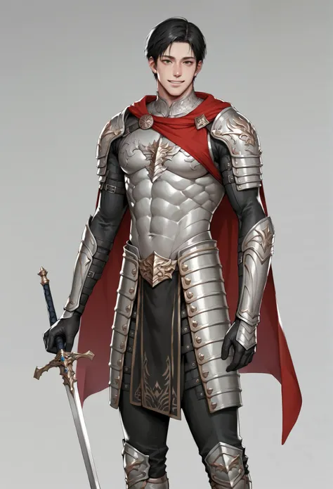 28-year-old Korean male ,one man, 1 man, short hair, black Hair,front, regent hair, black eyes , Smiling, standing at an angle, holding a sword on his hand, scale armor, scale, wearing fully body scale armor, SCLARMR, red cloak, black gloves, covered by ar...