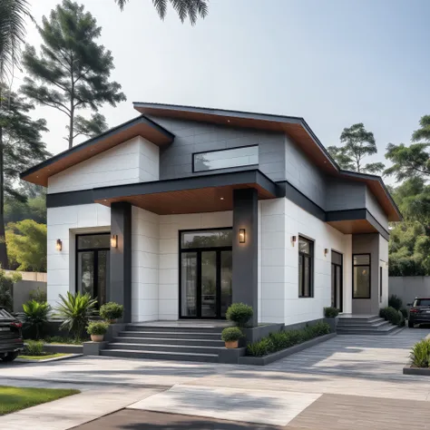 (masterpiece:1.2), best quality, photo of A two-story modern house with white walls and dark tiles on the roof, tree and plant, streetcapes, natural light, The exterior of an elegant single family home features large windows, a dark gray door frame.