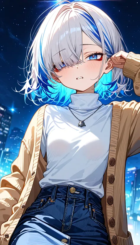 (masterpiece, best quality, amazing quality, very aesthetic, absurdres, newest:1), masterpiece,best quality,amazing quality, insanely detailed ,a girl, medium hair, silver hair, ((highlights hair, blue streaked hair)), hair over one eye, bags under eyes ,j...