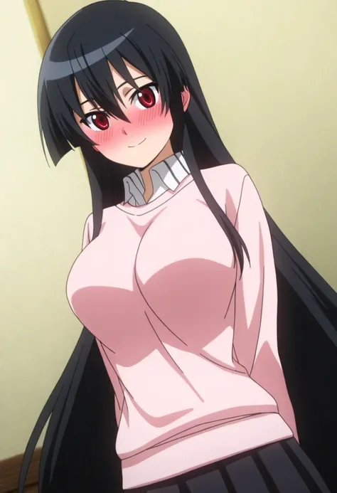 masterpiece, best quality, very aesthetic, anime screencap,1girl, solo, large breasts, blushing, looking at viewer,smile,akame, long hair, black hair, red eyes, hair between eyes,in a soft pastel sweater and pleated skirt, with small headphones