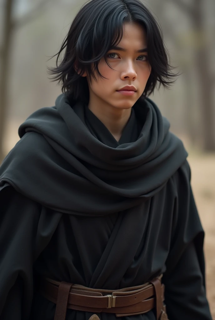 Jedi Padawan, caucasian, soft features, blue eyes, early twenties, male, waist length black hair with bottleneck bangs, black Jedi robes