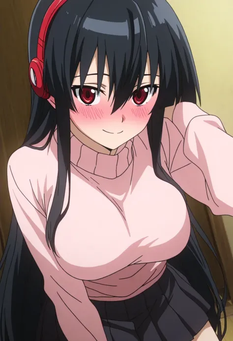 masterpiece, best quality, very aesthetic, anime screencap,1girl, solo, large breasts, blushing, looking at viewer,smile,akame, long hair, black hair, red eyes, hair between eyes,in a soft pastel sweater and pleated skirt, with small headphones