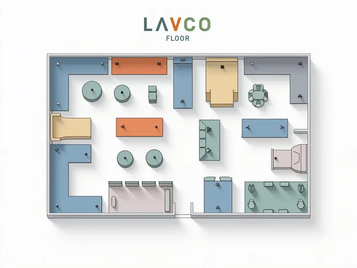 create the visual presentation of floor layout of LAVCo's Factory, simple factory floor layout with clearly labeled sections, divided into different areas for various production processes. It uses basic rectangular shapes to represent different spaces.The ...