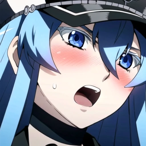 Esdeath, (aroused facial expression), angry eyebrows, open mouth, scream, blush, sweat, (hat), choker, hair between eyes, (uniform), military, (military uniform), tattoo, (peaked cap), chest_tattoo, (simple dark background), facing down, looking down, clos...