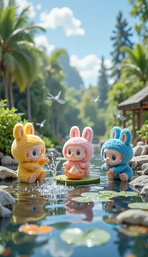 "Three labubu dolls playing in a small pond surrounded by rocks and lily pads. The yellow labubu is splashing water with its tiny hands, the pink one is sitting on a floating lily pad, and the blue one is holding a small paper boat. The water is clear, ref...