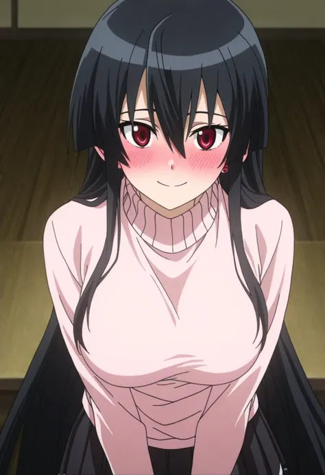 masterpiece, best quality, very aesthetic, anime screencap,1girl, solo, large breasts, blushing, looking at viewer,smile,akame, long hair, black hair, red eyes, hair between eyes,in a soft pastel sweater and pleated skirt, with small headphones