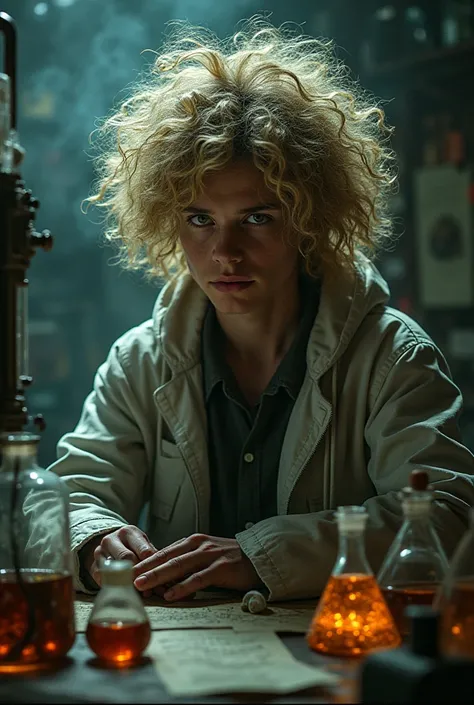 young mad scientist with long curly blonde hair. Male