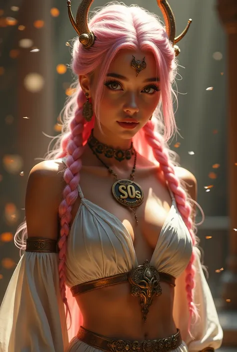 background Hammaputra、 photorealistic with a sword， super high heels， highest quality， highest quality，8k， RAW Photo ， very detailed， ultra high resolution，( very cute woman)，I feel like I'm being pulled back、whole body，1 person，light pink braid long hair、...