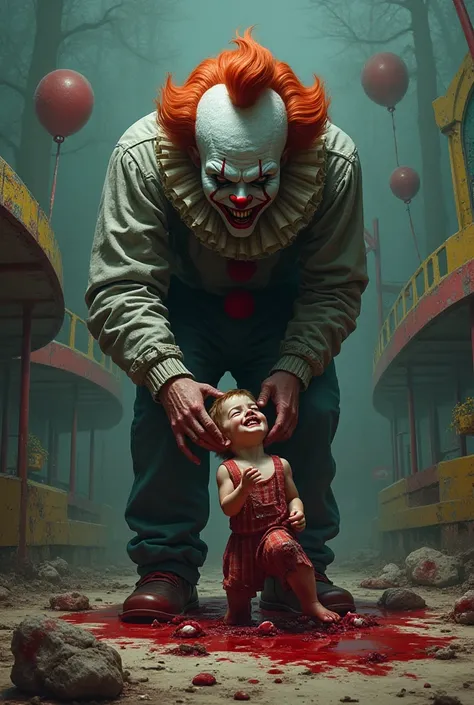 An evil clown beheads a  boy in an abandoned amusement park