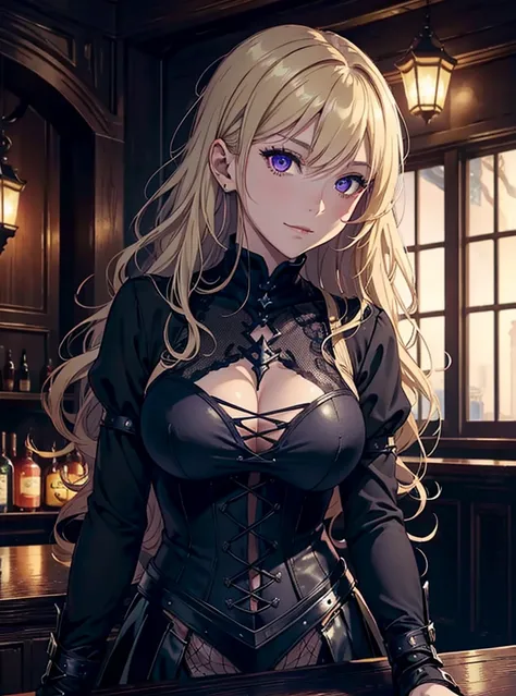 ((DARK FANTASY COLORING, DARK COLOR PALETTE, SORROW LIGHTING, 8K DETAIL QUALITY))
((masterpiece, best quality)), (1girl, anime girl in the medieval bar, night),(mature, fair skin), (solo), (female focus, purple eyes girl, smile face), (blonde hair, wavy ha...