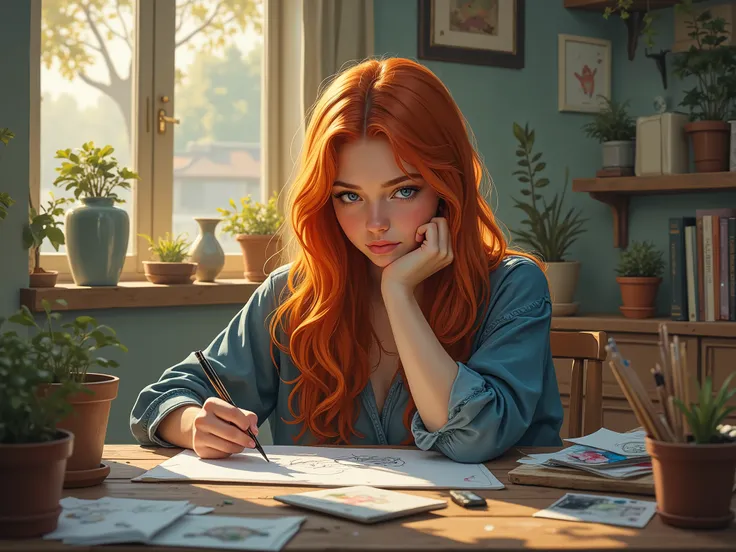 a girl with long red hair, blue eyes, sitting at a table and drawing. Sosredatochena at work.  Evening time of day.