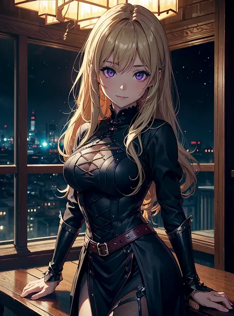 ((DARK FANTASY COLORING, DARK COLOR PALETTE, SORROW LIGHTING, 8K DETAIL QUALITY))
((masterpiece, best quality)), (1girl, anime girl in the medieval bar, night),(mature, fair skin), (solo), (female focus, purple eyes girl, smile face), (blonde hair, wavy ha...