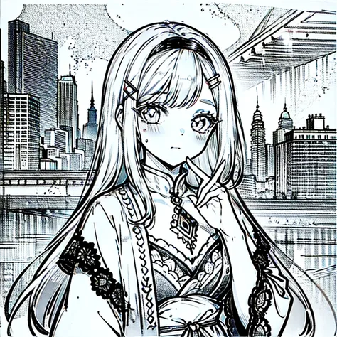  1 girl, Alone,  high resolution,  chest,  watching viewers,  city,  various traditional clothes from around the world,blushed, bangs,  unique hairclips , Glitter effect, widescreen, masterpiece,  top quality,  white hair, silver eyes , round eyebrows, mis...