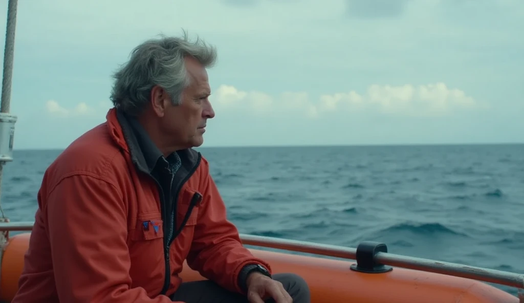 "A contemplative scene of Harrison, sitting on a rescue boat, gazing out over the vast ocean. The backdrop shows the calm, wide-open sea, while his expression reflects deep thought, symbolizing the mystery of what kept him alive—whether luck, faith, or she...