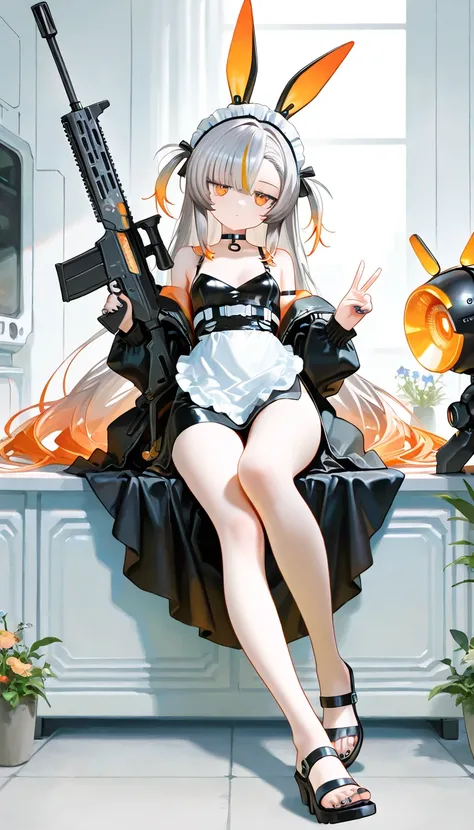 1girl, orange eyes, jitome, grey Hair, orange Gradient Hair, Asymmetrical bangs, rabbit ears, rabbit tails, small Breast, maid, high-waist, Side slit skirt, Choker, bare legs, foot, toenails, black nails, masterpiece, best quality, Perfect details, perfect...