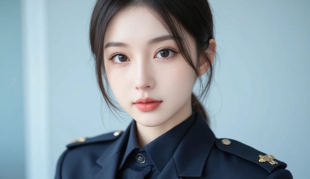 Beautiful Japan girl security guard in dark blue uniform, close-up portrait photo with simple light blue background.