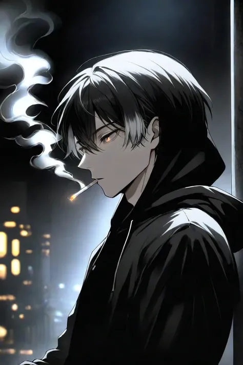  foreign,  alone, 1 male,  black hair with smoky gray tips,  brown eyes,  black shirt,  black and white hooded, smoking,   night ,  black light 