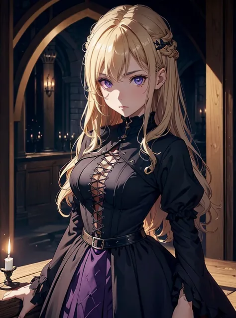 ((DARK FANTASY COLORING, DARK COLOR PALETTE, SORROW LIGHTING, 8K DETAIL QUALITY))
((masterpiece, best quality)), (1girl, anime girl in the medieval guild room, night),(mature, fair skin), (solo), (female focus, purple eyes girl, innocent face), (blonde hai...