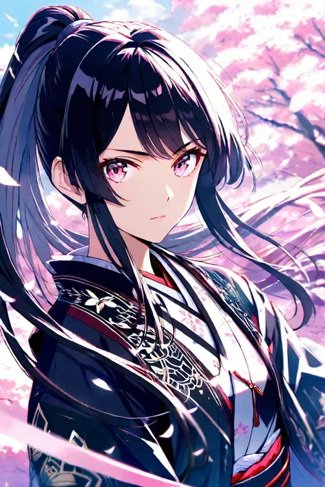 woman, twenty-five year old, solo,
beautiful black hair, ponytail hair,
clear fresh pink eyes, 
armor kimono,
front angle, upper body,
pride, serious,
sakura scenery,
masterpiece, best quality, very beautiful, very detailed, 