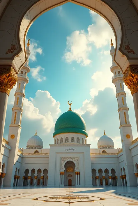 
"A breathtaking view of an Islamic mosque with intricate golden minarets and a radiant green dome, surrounded by beautifully carved arches and calligraphy. The sky is painted with swirling clouds in shades of white and blue, resembling a dreamlike paradis...