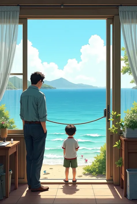 Draw a realistic image from the point view of a house in which a father is looking to the outside sea and A young Nobuki playing by the seaside in Yaizu, unaware of his father’s legacy. Chiune Sugihara, a kind and humble father, is seen making breakfast or...