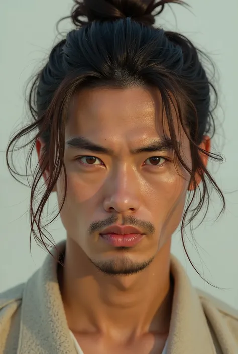 Please write a Japanese Japanese man with thick lips who has a single layer of sunburned hair tied at the back