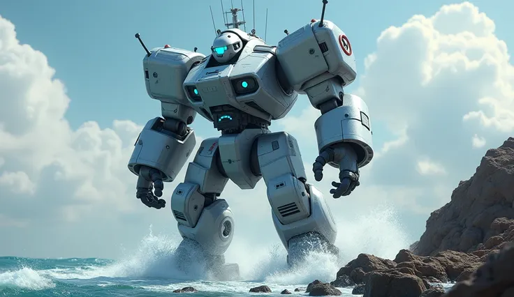 3D cartoon movie art. A futuristic massive battleship-style robot character stands on a rugged coastline, exuding an overwhelming presence. Its silver heavily armored body looks as if it has fused with a warship, creating a powerful and intimidating design...