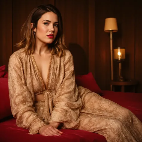 best quality, highres, 8k, masterpiece, photography, detailed midbody photorealistic portrait. Mandy Moore lounges on an opulent bed draped in silk and embroidered gold-threaded fabrics, her lips painted a deep red. She wears a ruby-red lace bralette, a ma...