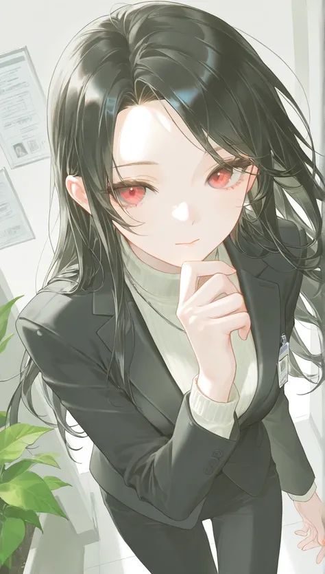 (1 woman with pale black hair :1.4), office background, pale colored background, detailed costume, Sunshine, dynamic angle, office suit, name card, sunshine, white modern office, plants, office jacket, casual office wear, high neck sweater, raised her mout...