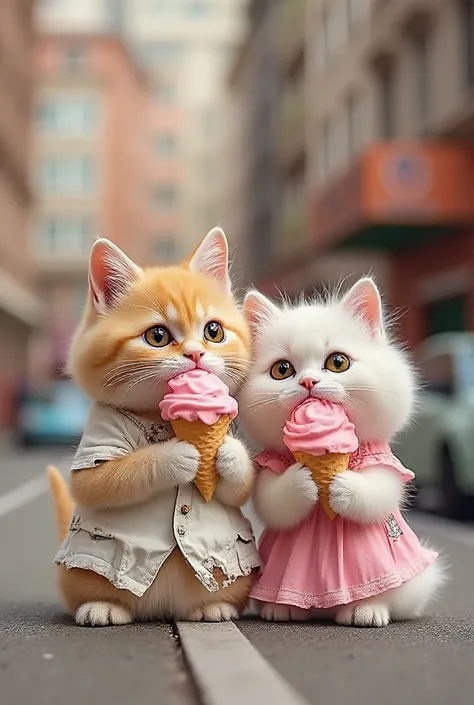 The image features two anthropomorphic kittens standing on a street, holding ice cream cones. One kitten is an orange tabby wearing a tattered white shirt, while the other is a fluffy white kitten dressed in a pink dress. They have large, expressive eyes a...