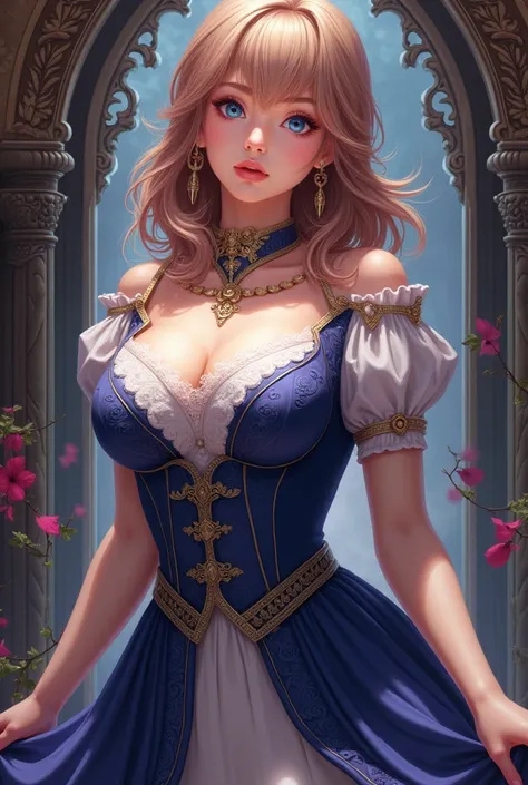 Anime digital painting style. female, royal gothic era. female with shoulder length pale brown red hair. blue eyes. pale skin. large breasts. small waist.