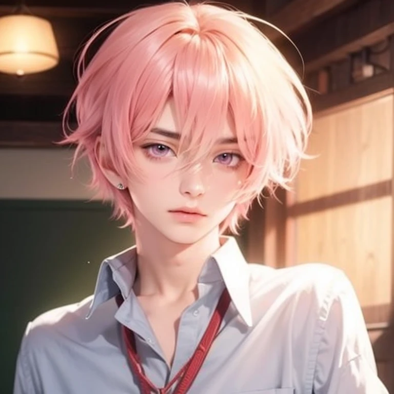 Anime boy, handsome face, pink hair, pink eyes