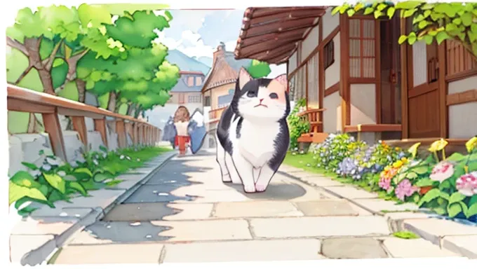 ( Masterpiece),( highest quality),( very well detailed ),( high resolution down ),(( line art )),((watercolor)),16k,  wallpaper,三毛猫の very well detailed な絵、Crazy Details  、 very well detailed 猫、   My house and my calico cat are walking along the promenade  ...