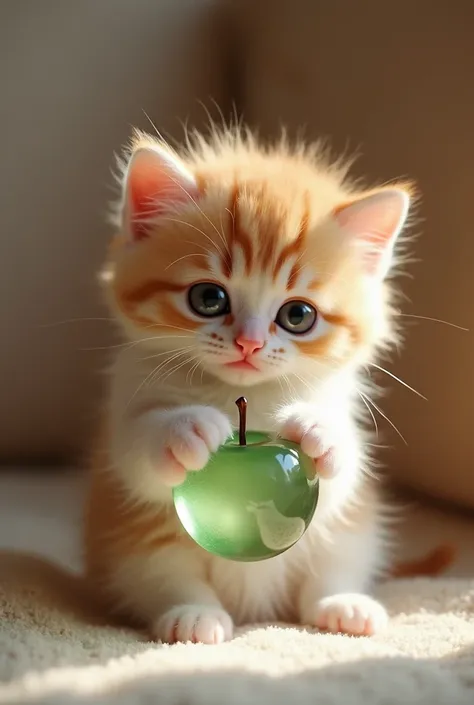 Live action kitten holding a glass apple