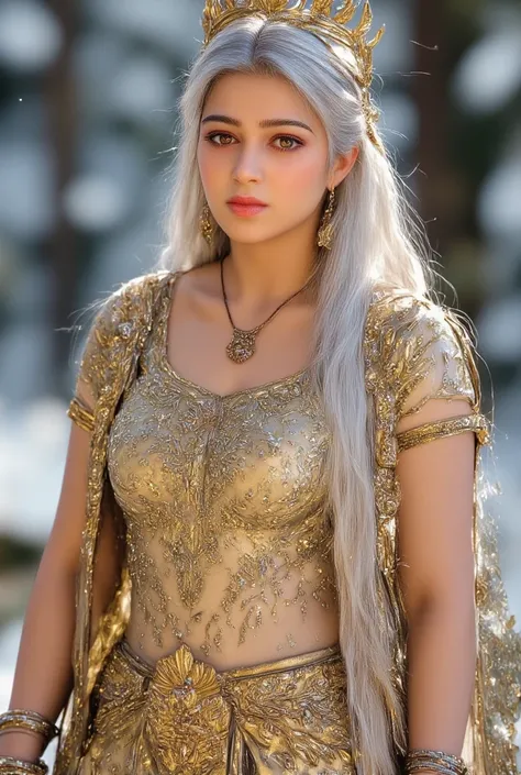 Full body image of Goddess durga with thick Milf body, wearing golden armor suit  golden jewelry,  long white hair, white skin tone, red lipstick, hyper realistic image, wearing big golden crown, ear rings, in background of snow himalayas