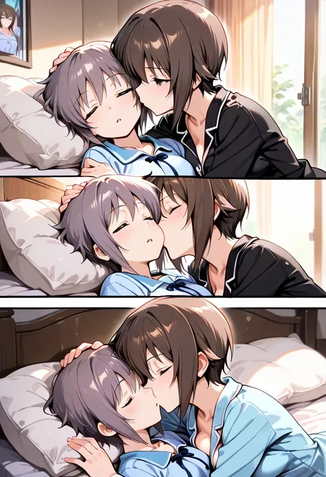 (masterpiece, best quality:1.2),,two beautiful girls,lesbian art,bedroom,(Nagato Yuki,sleeping,light blue pyjama),(Nishizumi Maho,kiss her cheek,pat your head,open eyes,happy expression,black pyjama)