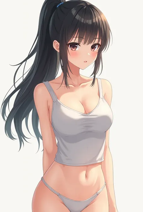 Anime style, girl, black hair in ponytail, chill, indifferent, tanktop, nipples poking through tanktop, thin white panties, midriff, wide hips, curvaceous figure, medium breasts