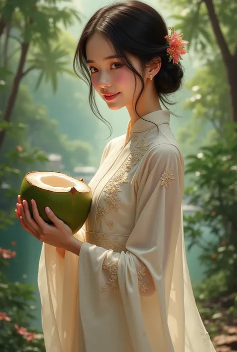 Vietnamese Long Dress Girl Holding Coconut