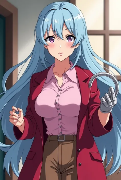  Hook was a young and pretty woman like Yoru from the spy family, with a silver hook on her hand.,  She was wearing a pink shirt and red coat showing her H-cup chest, had brown pants under , , and had long, light blue hair , Animated gif 