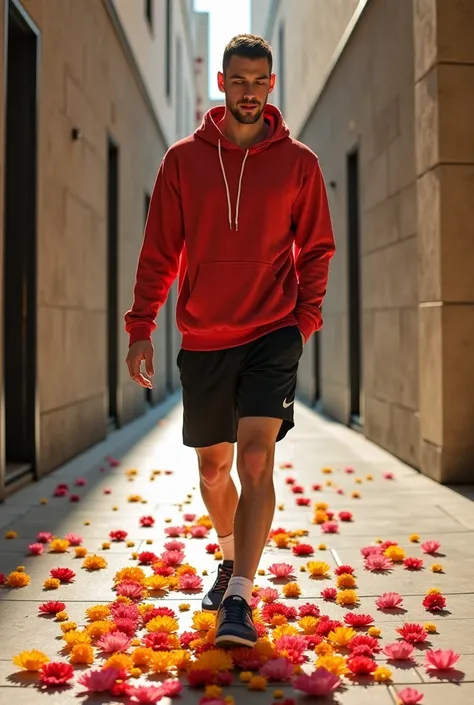 Un sportif maghrébin en survêtement et Nike boueuses, entre dans un hall d’immeuble. Il piétine des fleurs jetées par terre sous ses pieds. Les pieds sur les fleurs écrasées sous ses pieds. Il s’essuie les pieds dessus.