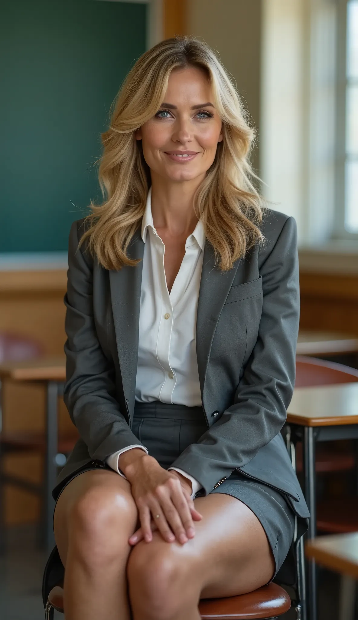  Stunning American Milf, 40 to 50 years old, High School Music Teacher ,  beautiful legs, Old skin, Sitting in a classroom seat ,  Super Realism ,  Grey Business Suit ,  short skirt,  white shirt,  blond,  beautiful blue eyes