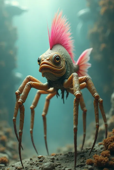 a 7-legged fish with a man's head and a tall pink crest the legs of a spider dog