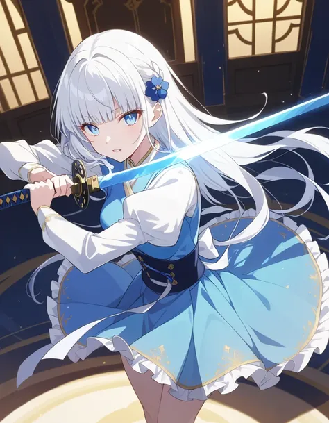  long hair, bangs, blunt bangs, Blue eyes, silver hair, hair ornament,  scrunchie, medium breasts, anime screencap, sword guard stance, sword, weapon, solo, katana, holding, holding weapon, holding sword, looking at viewer,  standing in an ornate palace in...