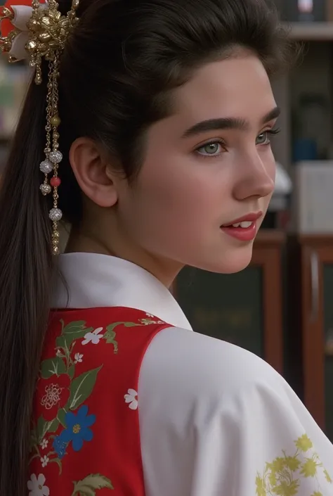  Masterpiece,    top quality,  cinematic lighting , 8k,   Wide-angle photography   ,   side view, 17-year-old Jennifer Connelly wearing a Japanese shrine maiden costume , In a sunny atelier ,  Her tall, well-balanced, slender body and pretty face have been...