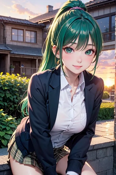 ( best quality),( Hi-Res),(8k),(inelity detailed background),( masterpiece :1.2), beautiful girl,Big Breasts,( glossy green hair),long hair,ponytail,Beautiful green eyes, winter schol uniform, (blazer, Cardigan), long sleeves, kneehighs, (zettairyoiki :1.2...