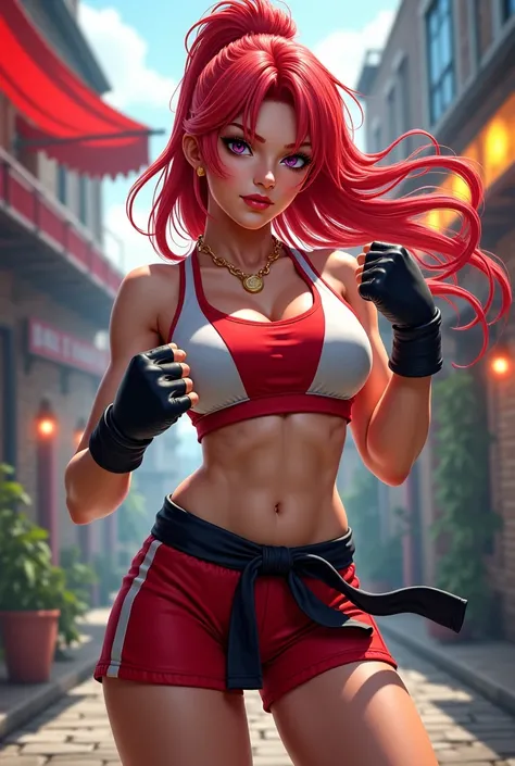 Create a highly detailed and realistic portrait of a female street fighter character with a strong martial arts aesthetic. She should have long, vibrant red hair styled in a dynamic, flowing manner, with a confident and determined expression. She is wearin...